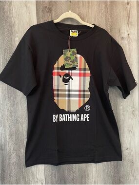 BAPE A Bathing Ape T Shirt Mens L Black Plaid Camo Head Logo Tee New With Tags